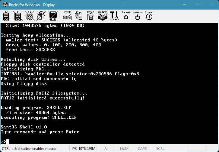 SantOS boot output in the Bochs emulator, ending at the shell prompt.