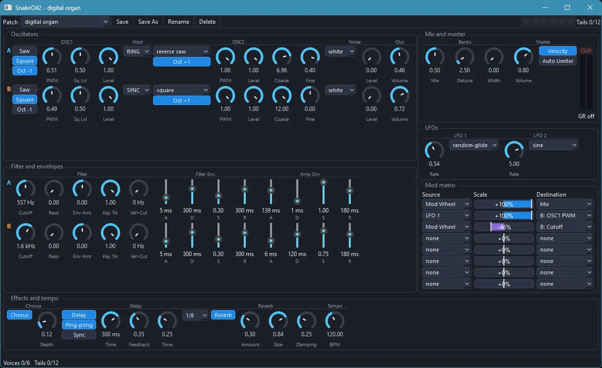 A development build of SnakeOil2 with a patch called digital organ, showing two oscillator banks, A and B.