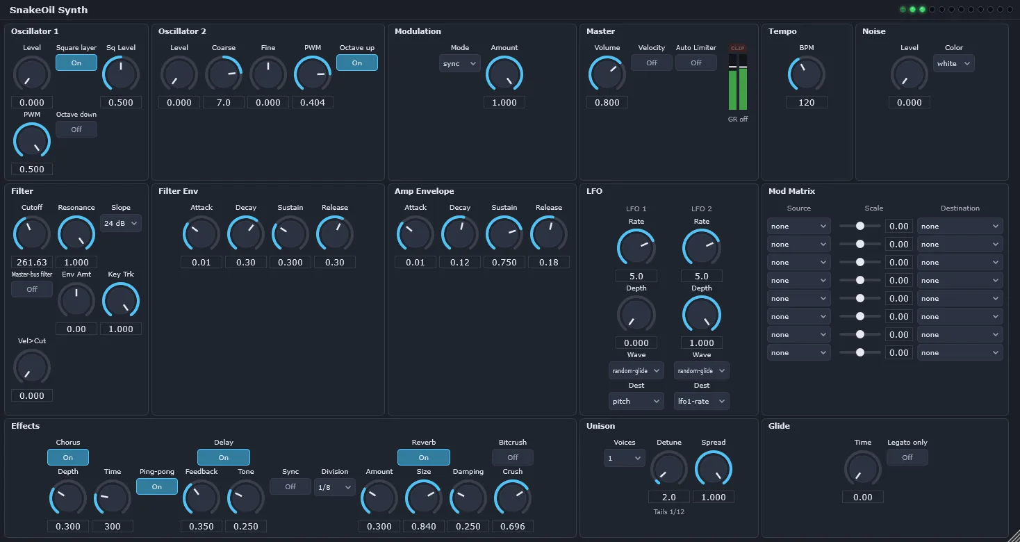 The SnakeOil Synth plugin window with both oscillator levels at zero, an empty mod matrix, and the output meter showing signal.